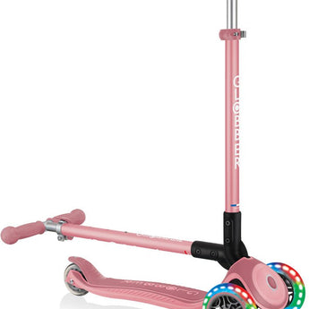 Globber Mini Scooter | Primo Foldable Plus Lights | Pastel Pink - Funwheel